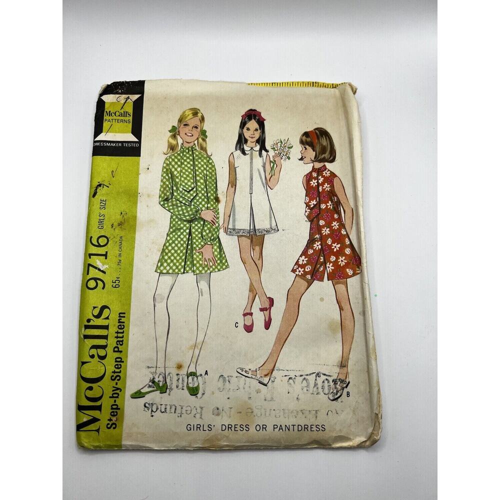 Vintage 1960s 1970s Sewing Pattern Girls Dress Romper Pantsuit McCall’s 9716